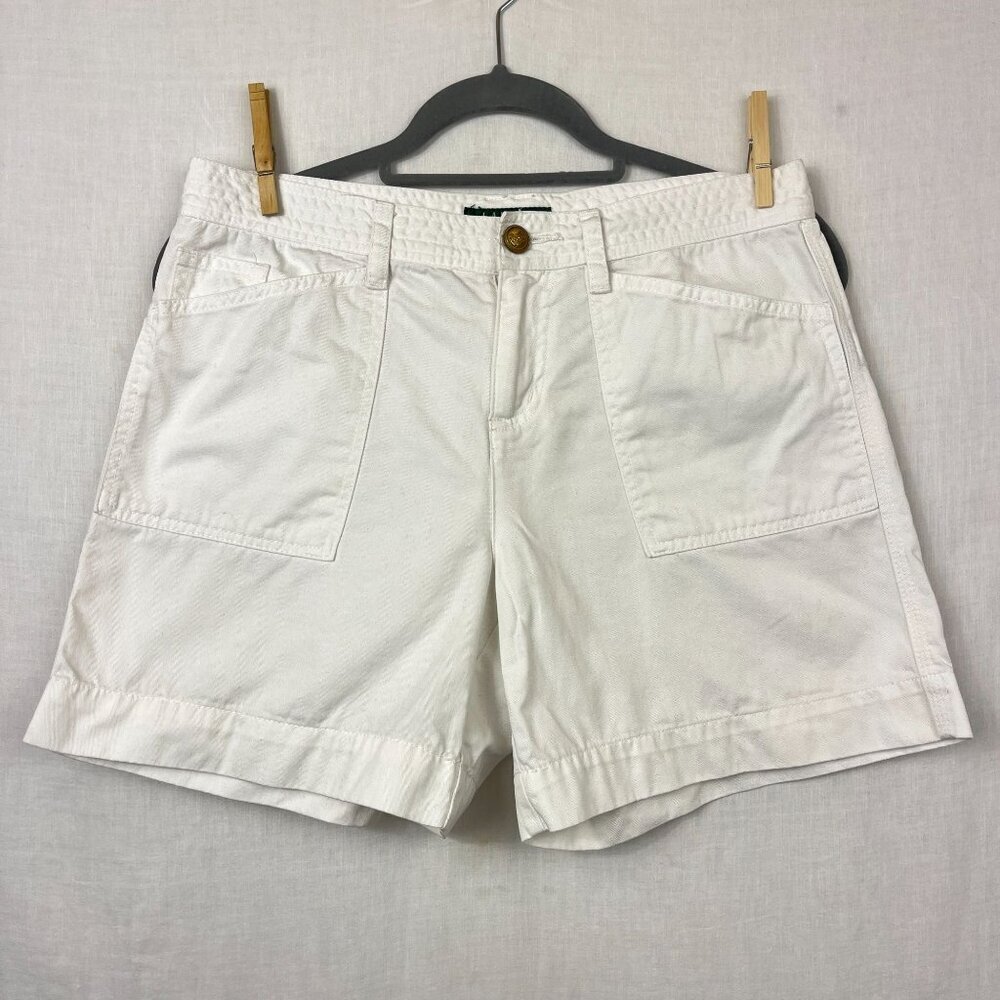 LRL Ralph Lauren Chino Shorts Womens 30x6 White Preppy‎ Golf Casual Summer Gold